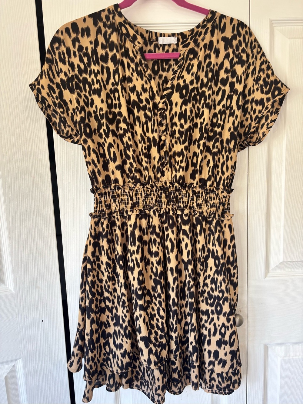 Sienna Sky Leopard Print Smocked Waist Ruffle Hem Mini Dress Medium